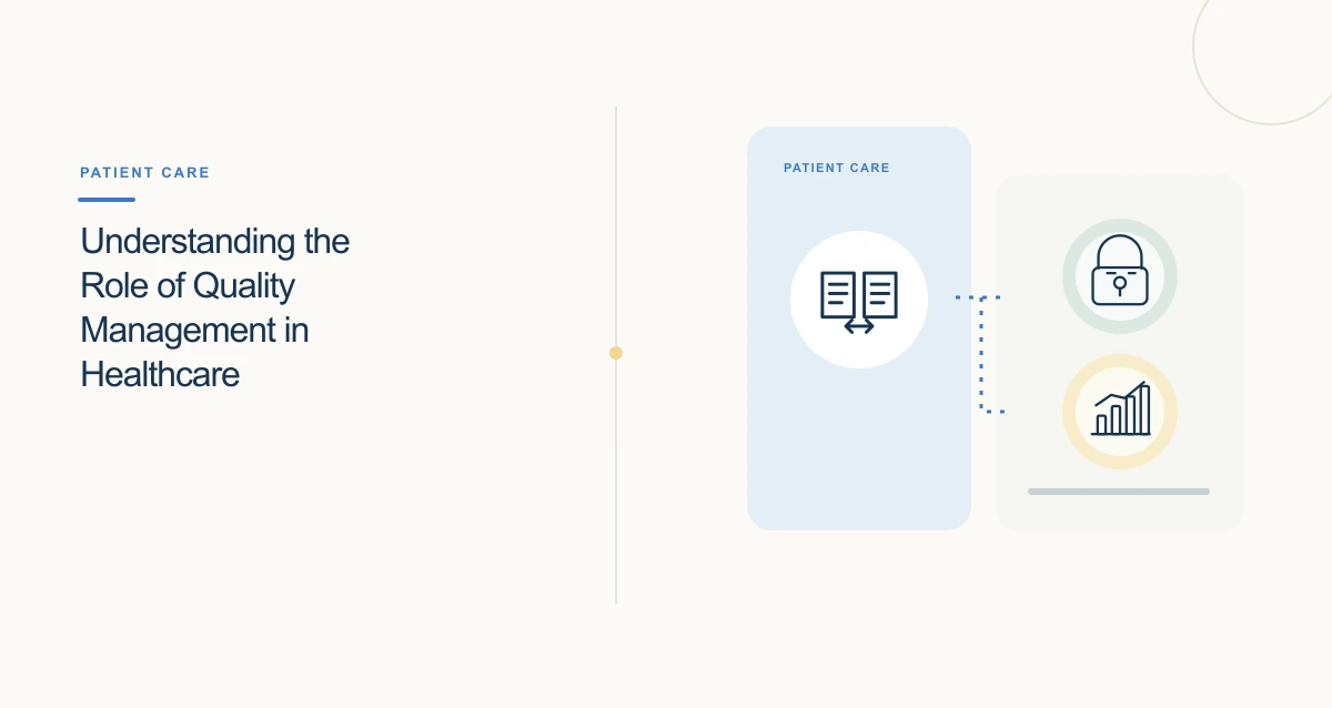 A minimal cream-toned healthcare illustration with connected icons and interface cards representing healthcare trends.