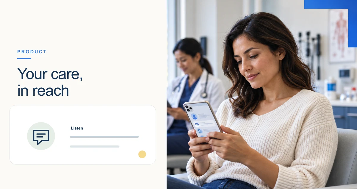Clinicians and patients in a warm outpatient setting, with a small editorial panel representing patient engagement.