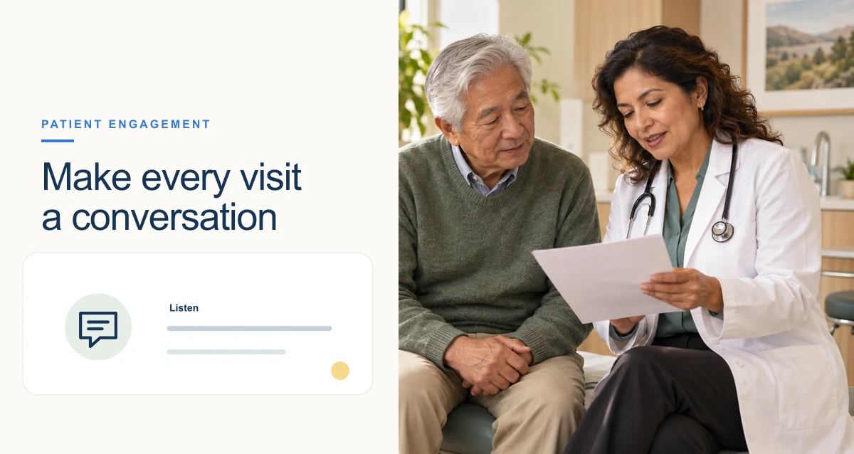 Clinicians and patients in a warm outpatient setting, with a small editorial panel representing patient engagement.