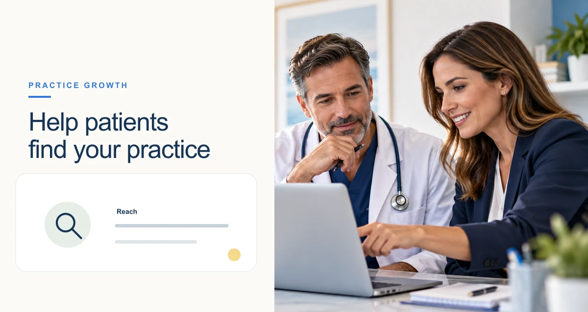 Clinicians and patients in a warm outpatient setting, with a small editorial panel representing healthcare marketing.