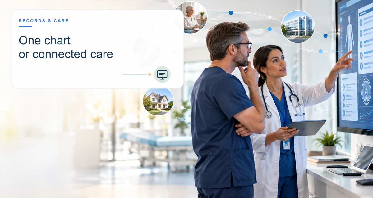 Clinicians and patients in a warm outpatient setting, with a small editorial panel representing healthcare emr software.