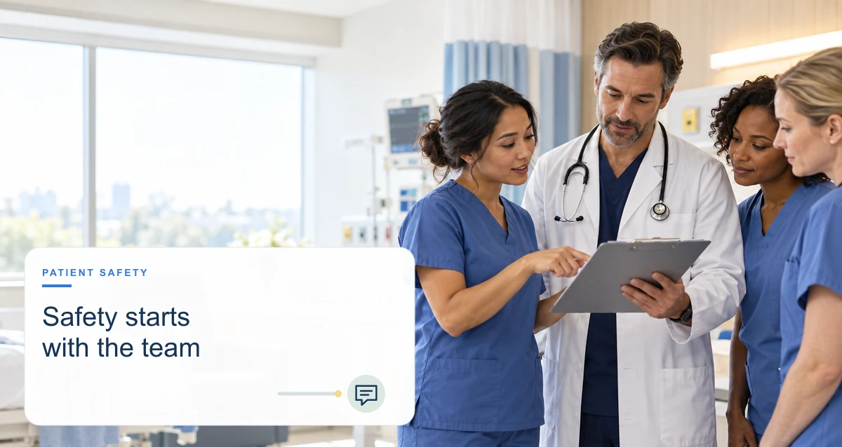 A care team reviews a safety checklist with icons for staffing, communication, workflow, and equipment.