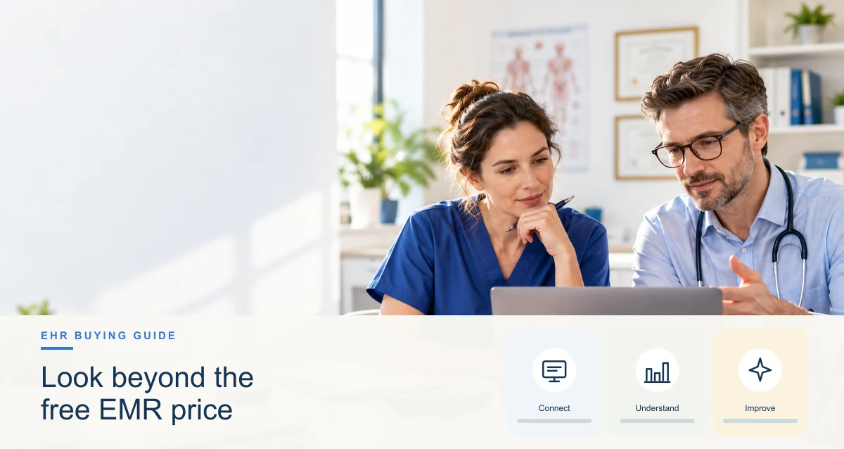 Clinicians and patients in a warm outpatient setting, with a small editorial panel representing healthcare emr software.