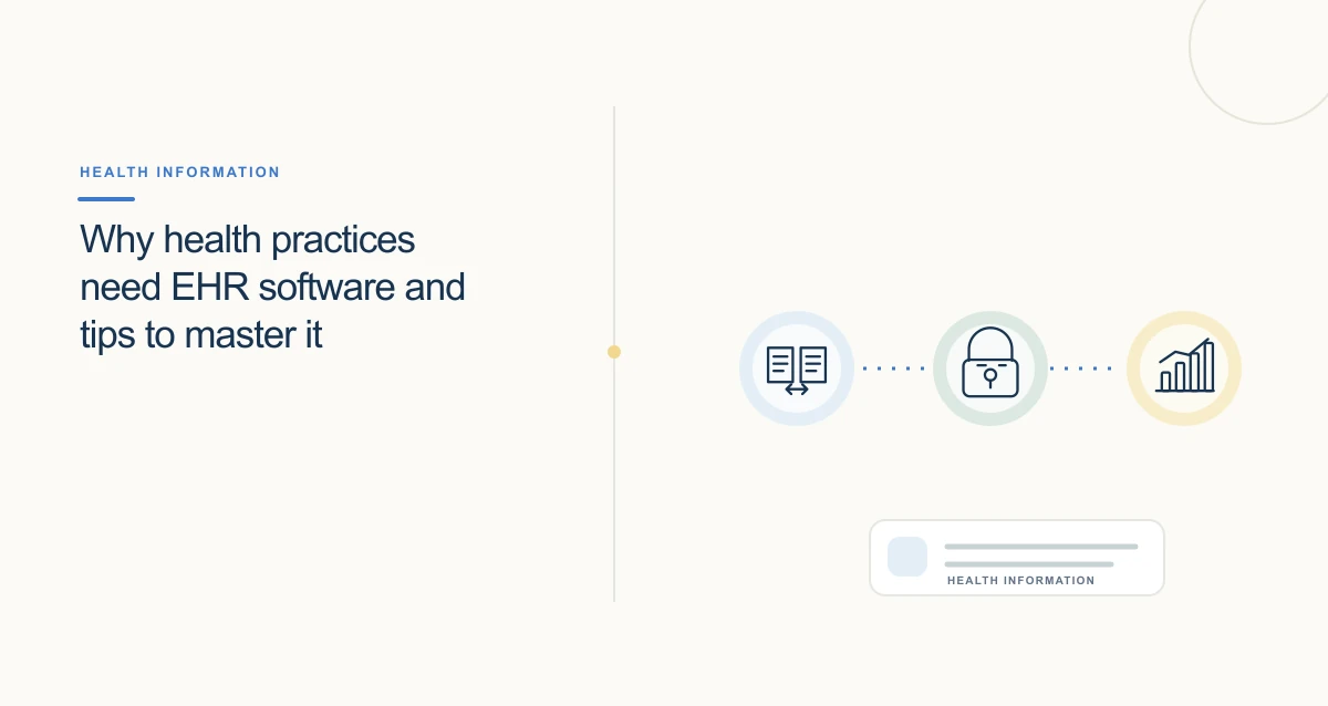 A minimal cream-toned healthcare illustration with connected icons and interface cards representing healthcare emr software.