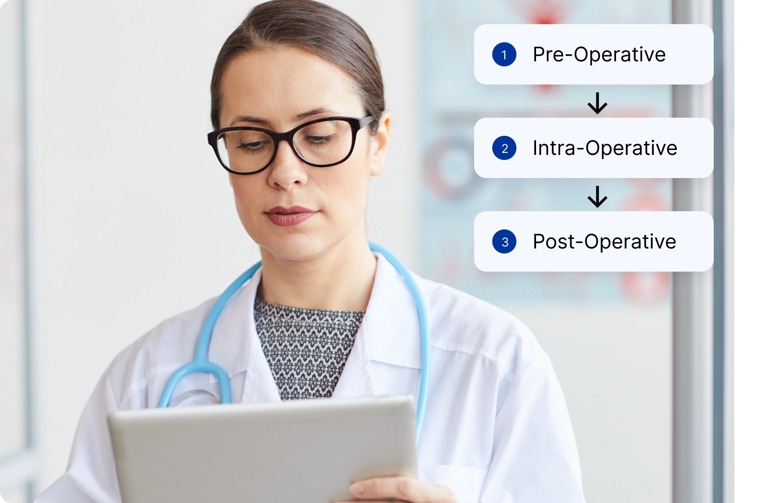 Female doctor using EMR & EHR system at a surgery center